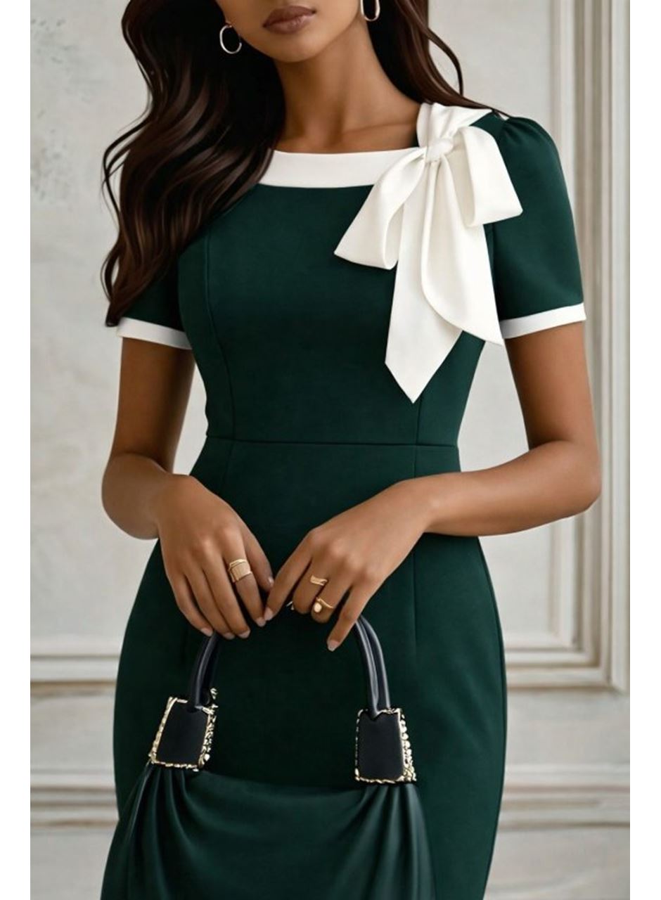 Kadın Kısa Kollu Yakadan Süs Bağcıklı Kısa Ithal Krep Elbise