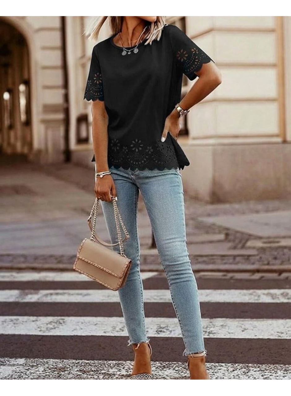 Kadın Kısa Kollu Bisiklet Yakalı Kolları Lazer Cicek Baskılı Ithal Krep Bluz