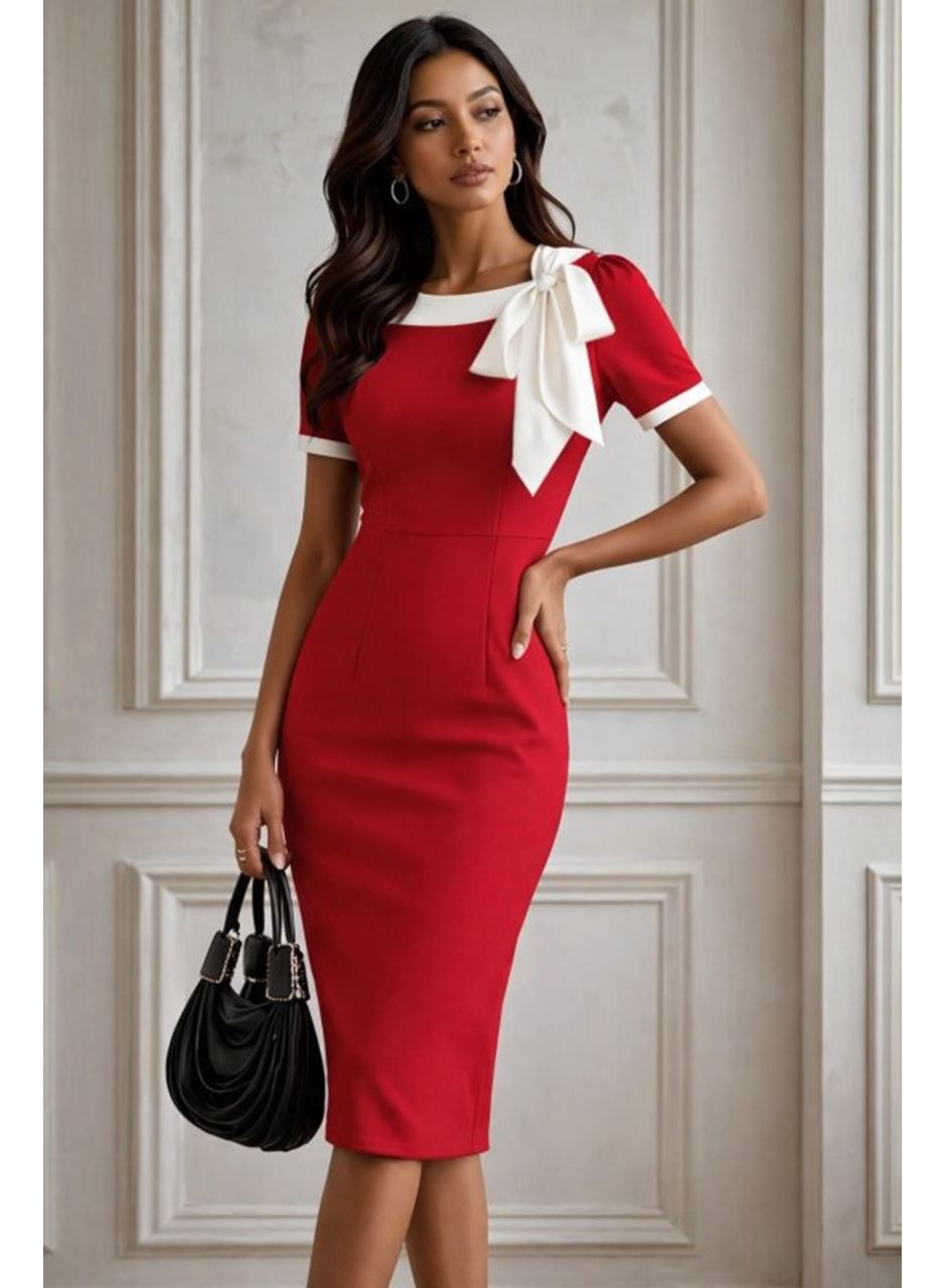 Kadın Kısa Kollu Yakadan Süs Bağcıklı Kısa Ithal Krep Elbise