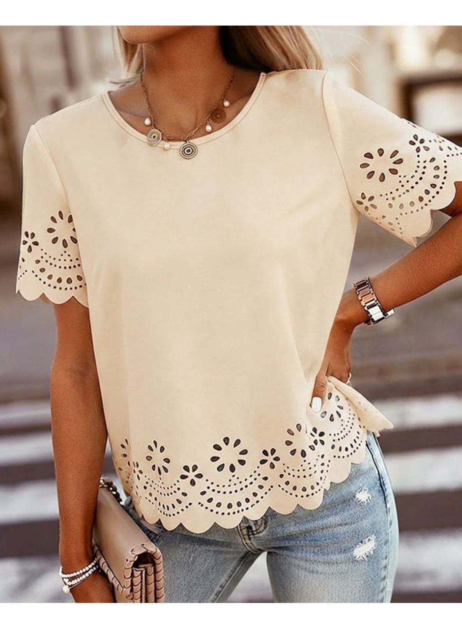 Kadın Kısa Kollu Bisiklet Yakalı Kolları Lazer Cicek Baskılı Ithal Krep Bluz