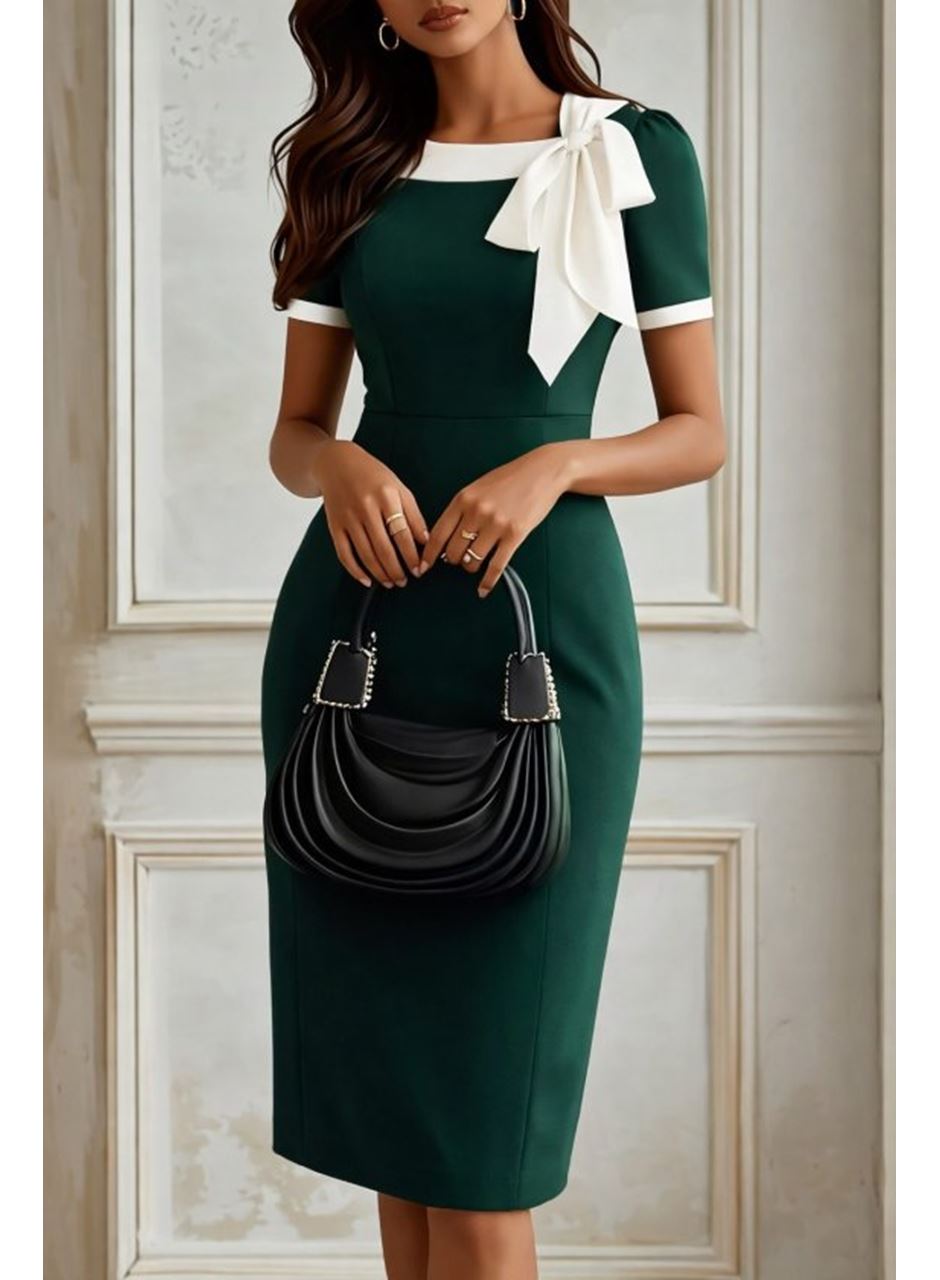 Kadın Kısa Kollu Yakadan Süs Bağcıklı Kısa Ithal Krep Elbise