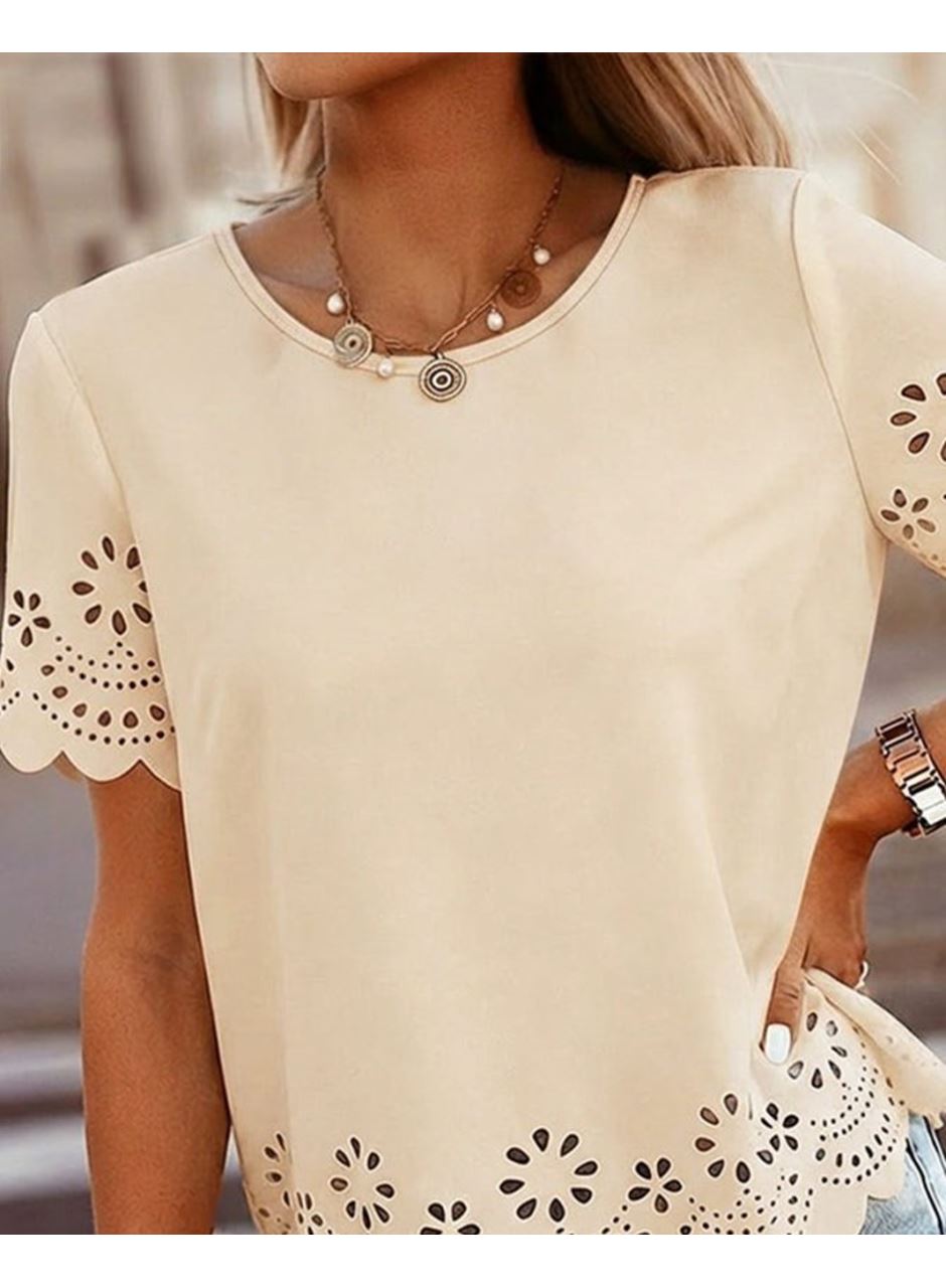 Kadın Kısa Kollu Bisiklet Yakalı Kolları Lazer Cicek Baskılı Ithal Krep Bluz