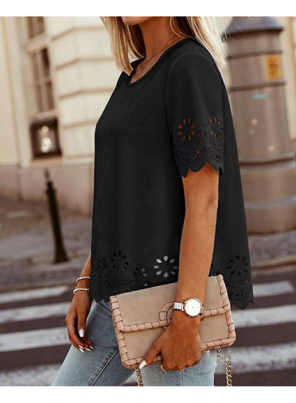 Kadın Kısa Kollu Bisiklet Yakalı Kolları Lazer Cicek Baskılı Ithal Krep Bluz