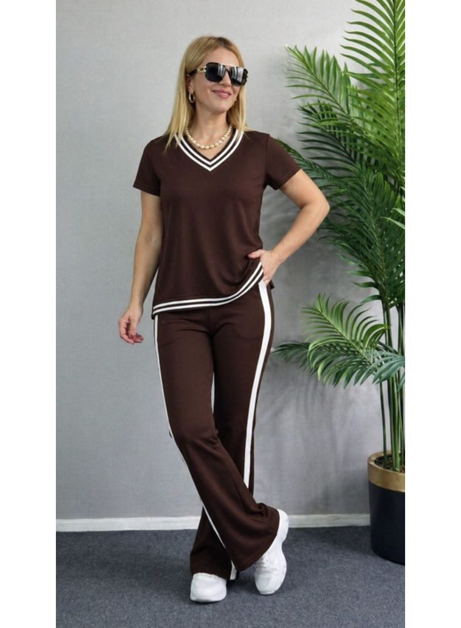 Kadın Kısa Kollu V Yakalı Viskon Iki Iplik Bluz Ve Pantolon Ikili Takım