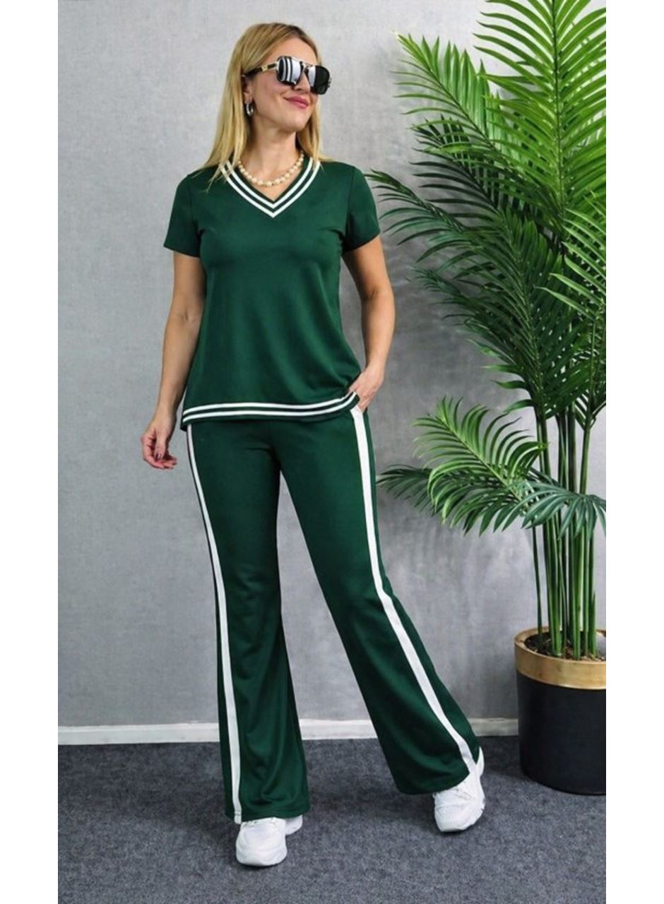 Kadın Kısa Kollu V Yakalı Viskon Iki Iplik Bluz Ve Pantolon Ikili Takım
