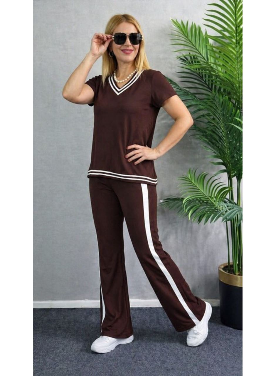 Kadın Kısa Kollu V Yakalı Viskon Iki Iplik Bluz Ve Pantolon Ikili Takım
