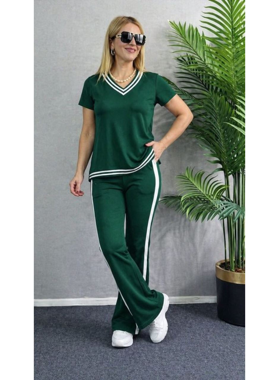 Kadın Kısa Kollu V Yakalı Viskon Iki Iplik Bluz Ve Pantolon Ikili Takım
