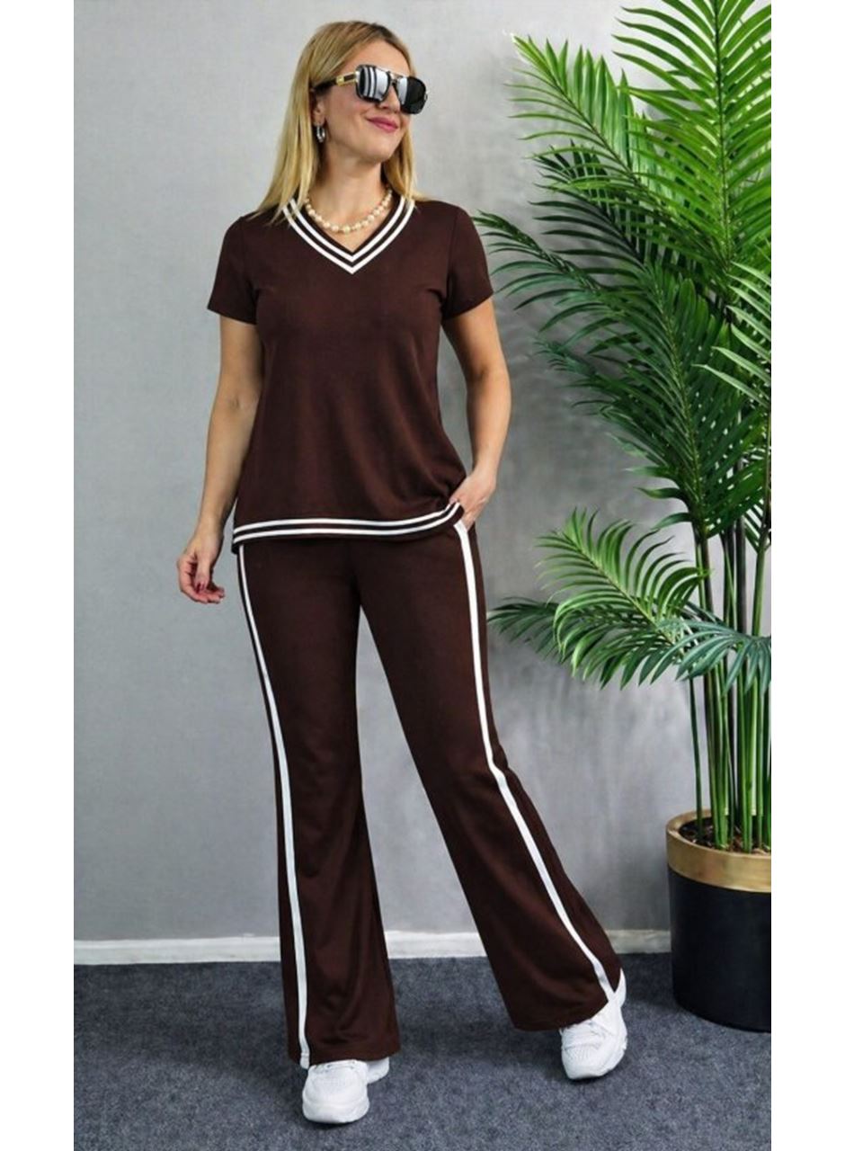 Kadın Kısa Kollu V Yakalı Viskon Iki Iplik Bluz Ve Pantolon Ikili Takım