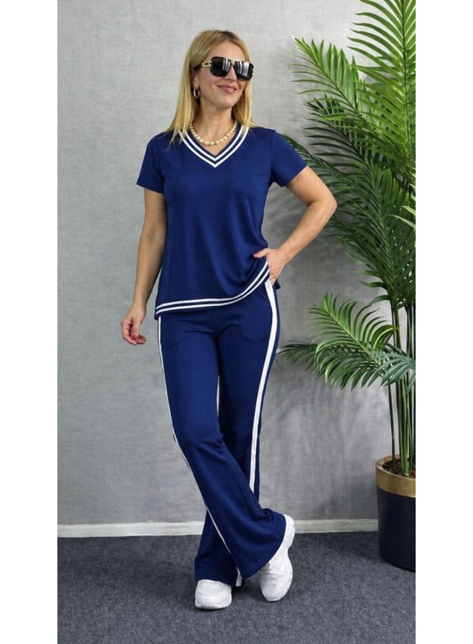 Kadın Kısa Kollu V Yakalı Viskon Iki Iplik Bluz Ve Pantolon Ikili Takım