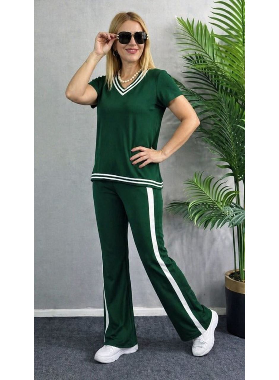 Kadın Kısa Kollu V Yakalı Viskon Iki Iplik Bluz Ve Pantolon Ikili Takım