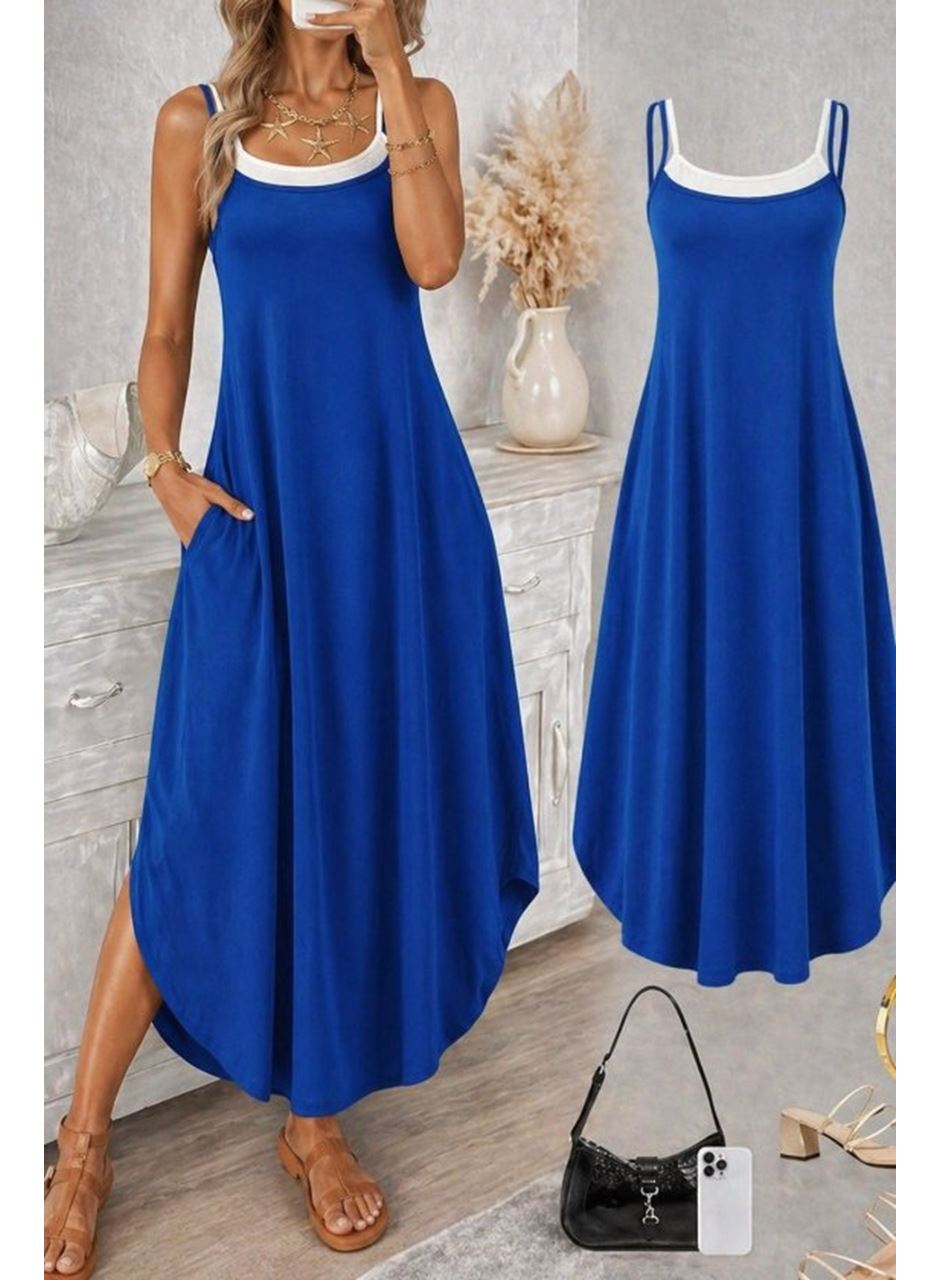 Kadın Ip Askılı Yuvarlak Yakalı Cepli Uzun Viskon Elbise