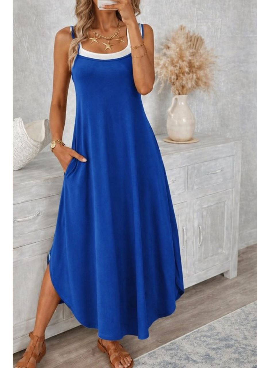 Kadın Ip Askılı Yuvarlak Yakalı Cepli Uzun Viskon Elbise