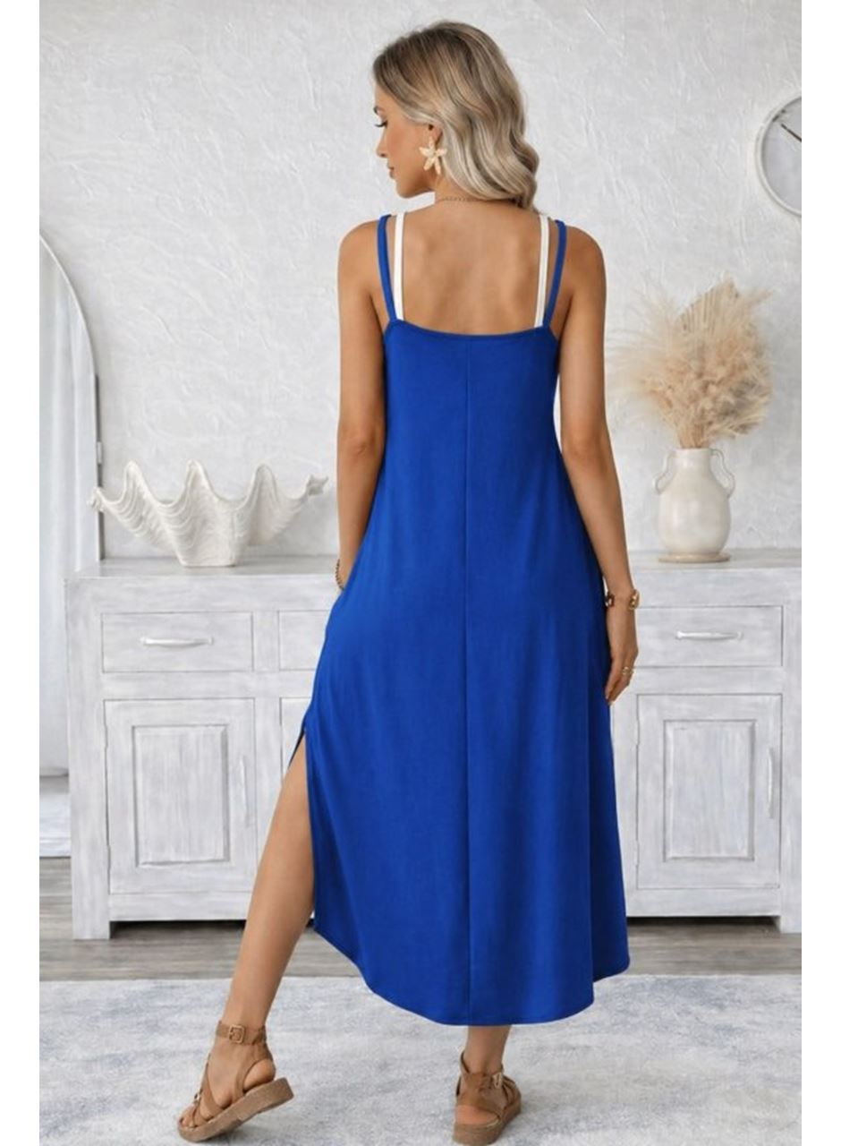 Kadın Ip Askılı Yuvarlak Yakalı Cepli Uzun Viskon Elbise