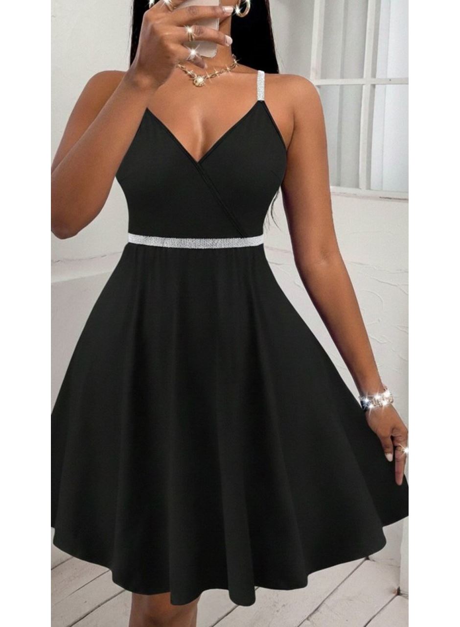 Kadın Sırttan çapraz Detaylı V Yakalı Kısa Kiloş Janjan Krep Elbise