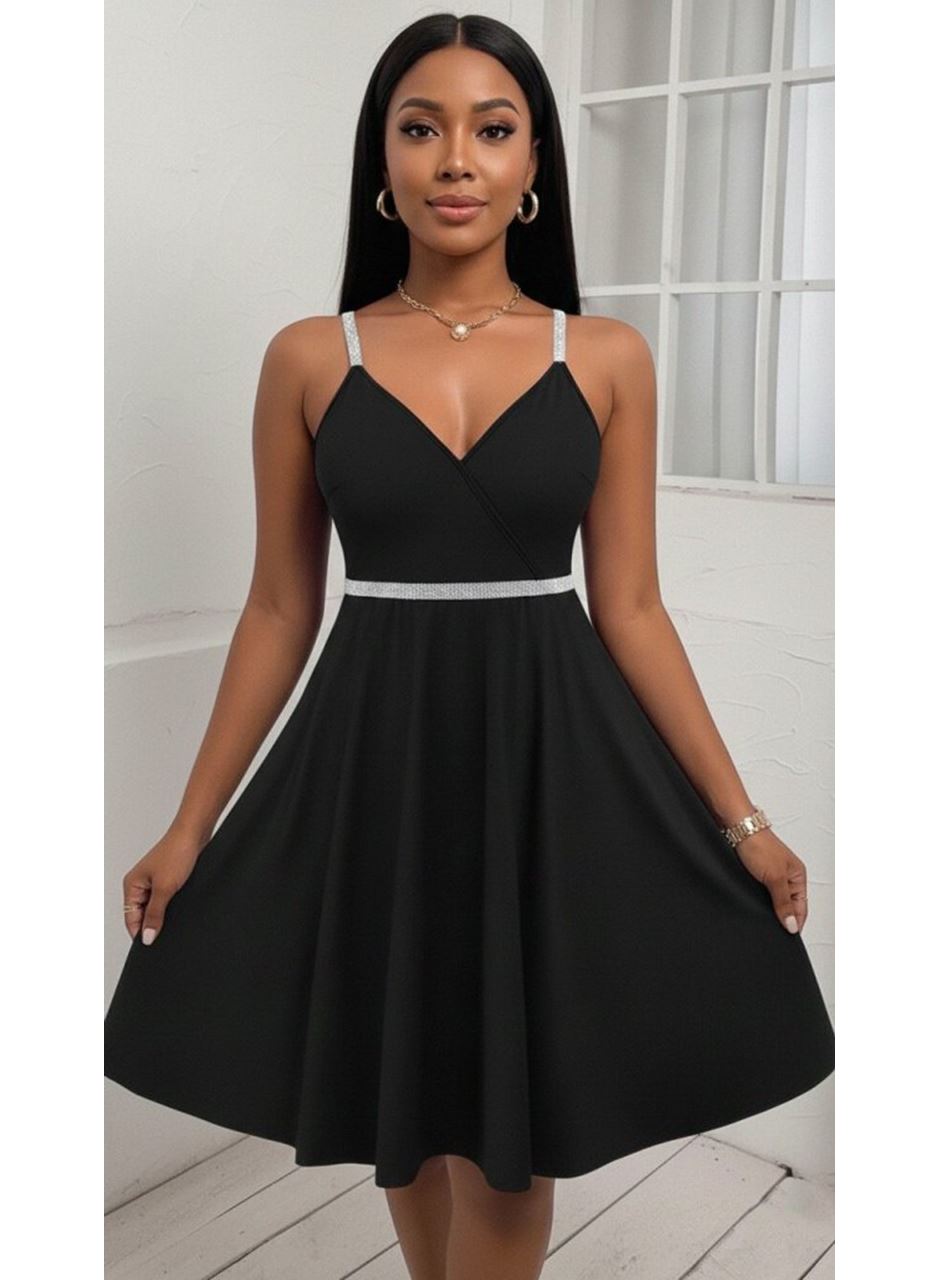 Kadın Sırttan çapraz Detaylı V Yakalı Kısa Kiloş Janjan Krep Elbise