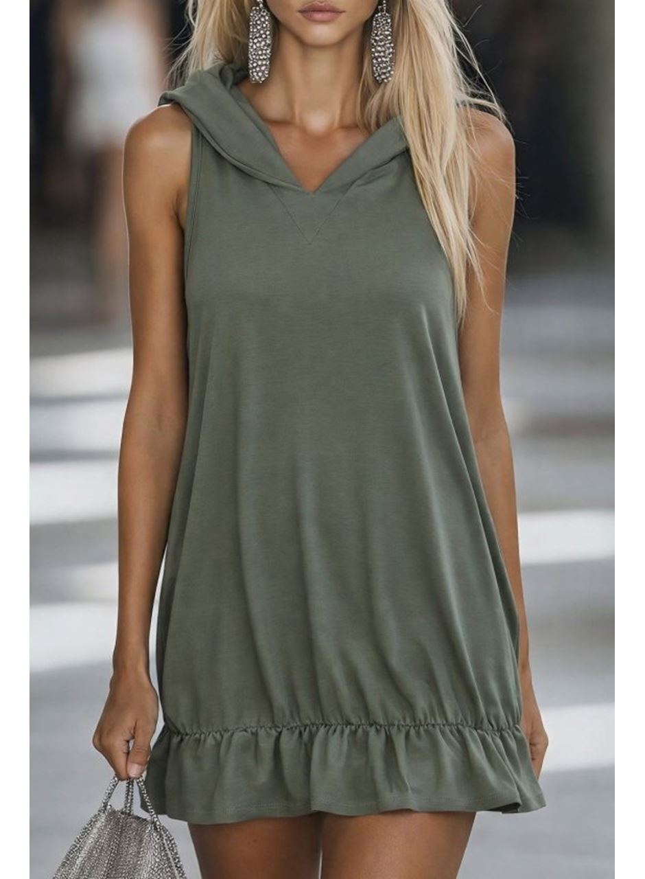 Kadın Kapüşonlu Omuzlardan Açık Eteği Fırfırlı Kısa Modal Elbise