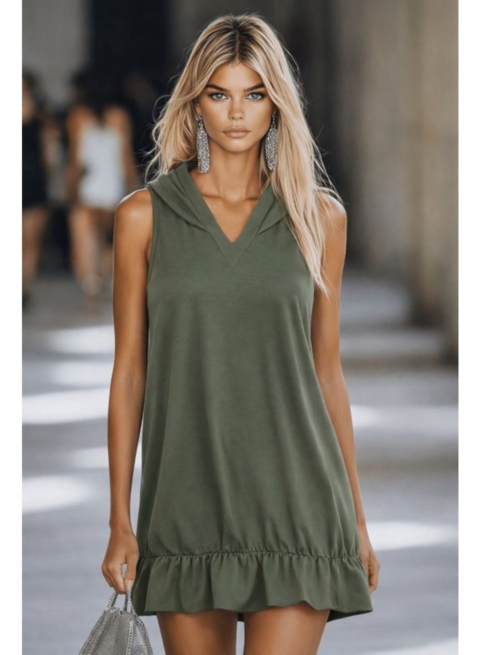 Kadın Kapüşonlu Omuzlardan Açık Eteği Fırfırlı Kısa Modal Elbise