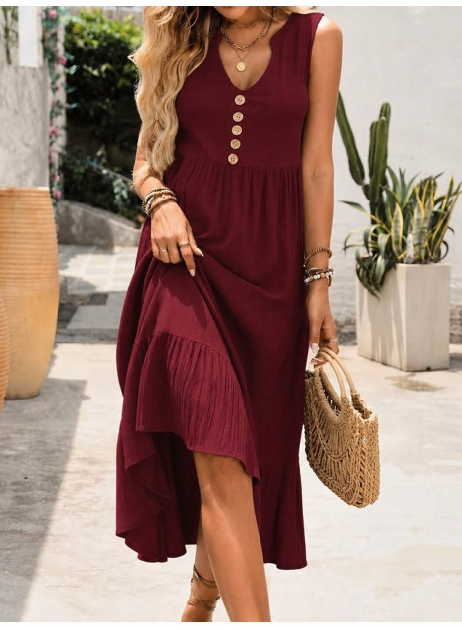 Kadın Askılı V Yakalı önden Düğmeli Midi Bürümcük Elbise