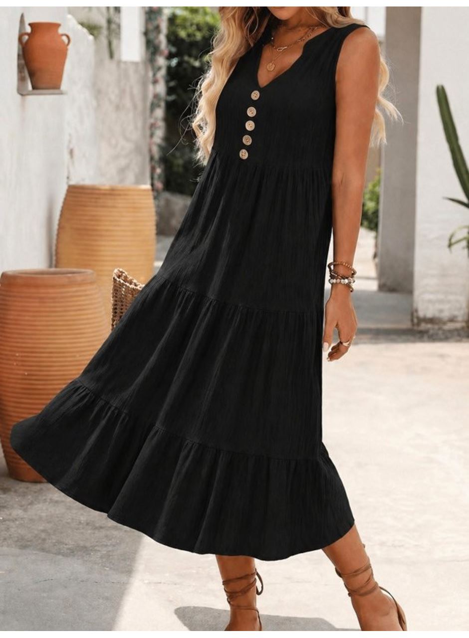 Kadın Askılı V Yakalı önden Düğmeli Midi Bürümcük Elbise