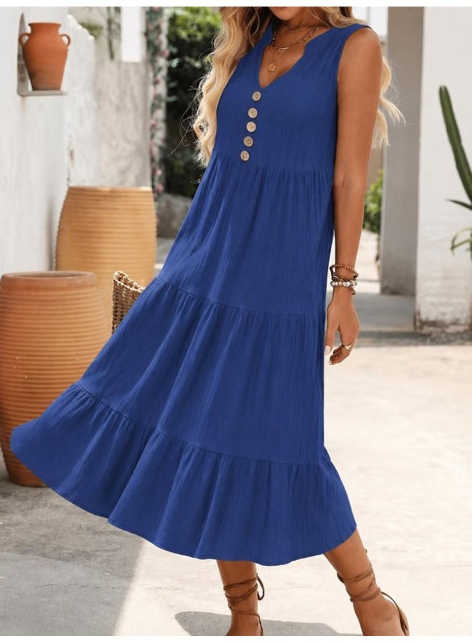 Kadın Askılı V Yakalı önden Düğmeli Midi Bürümcük Elbise