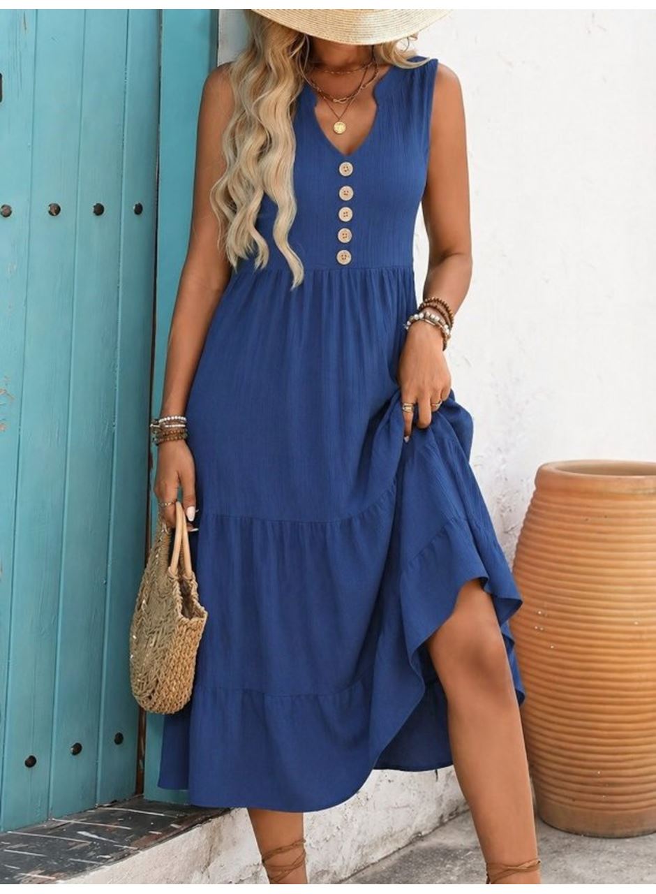 Kadın Askılı V Yakalı önden Düğmeli Midi Bürümcük Elbise