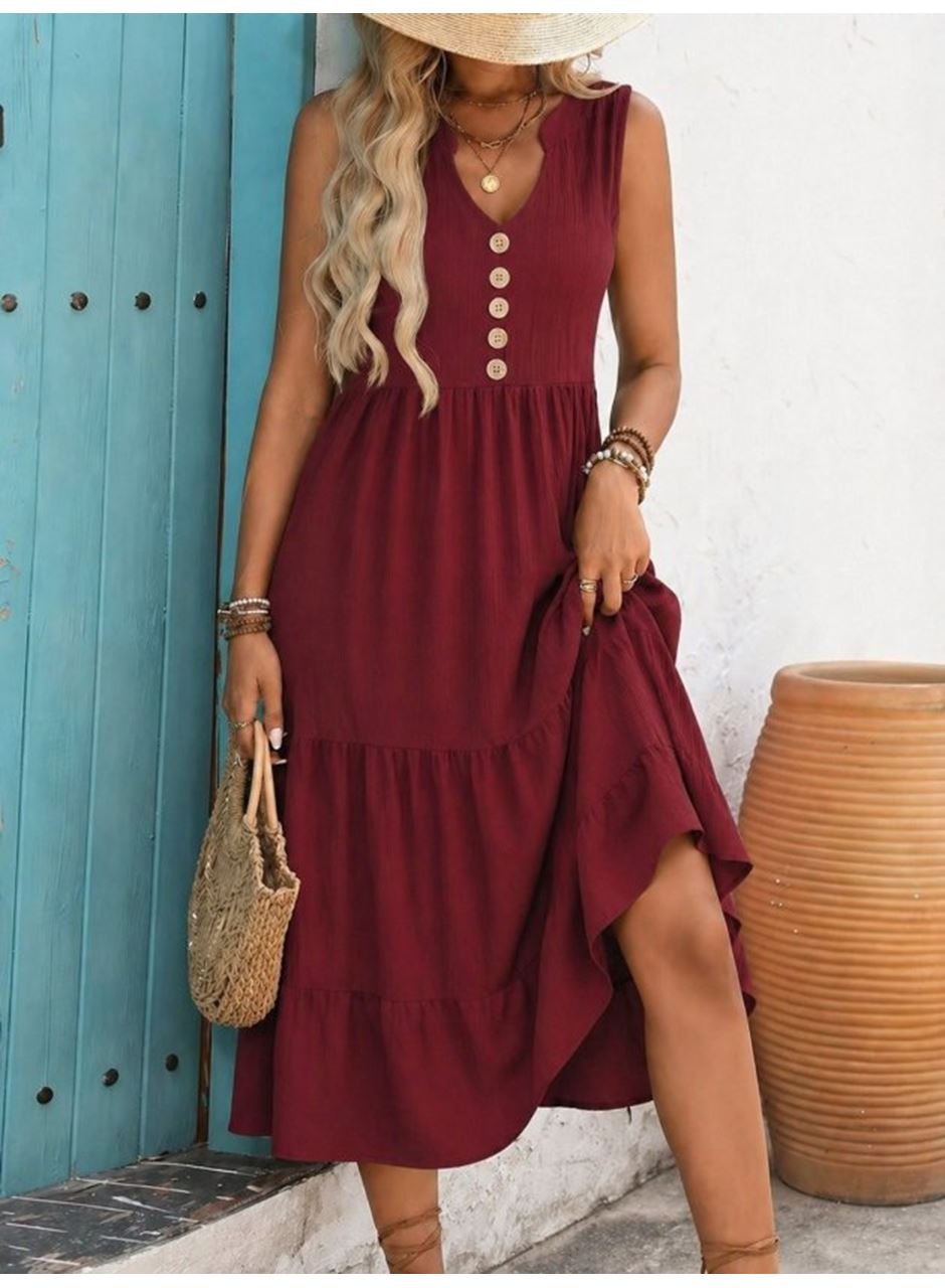 Kadın Askılı V Yakalı önden Düğmeli Midi Bürümcük Elbise