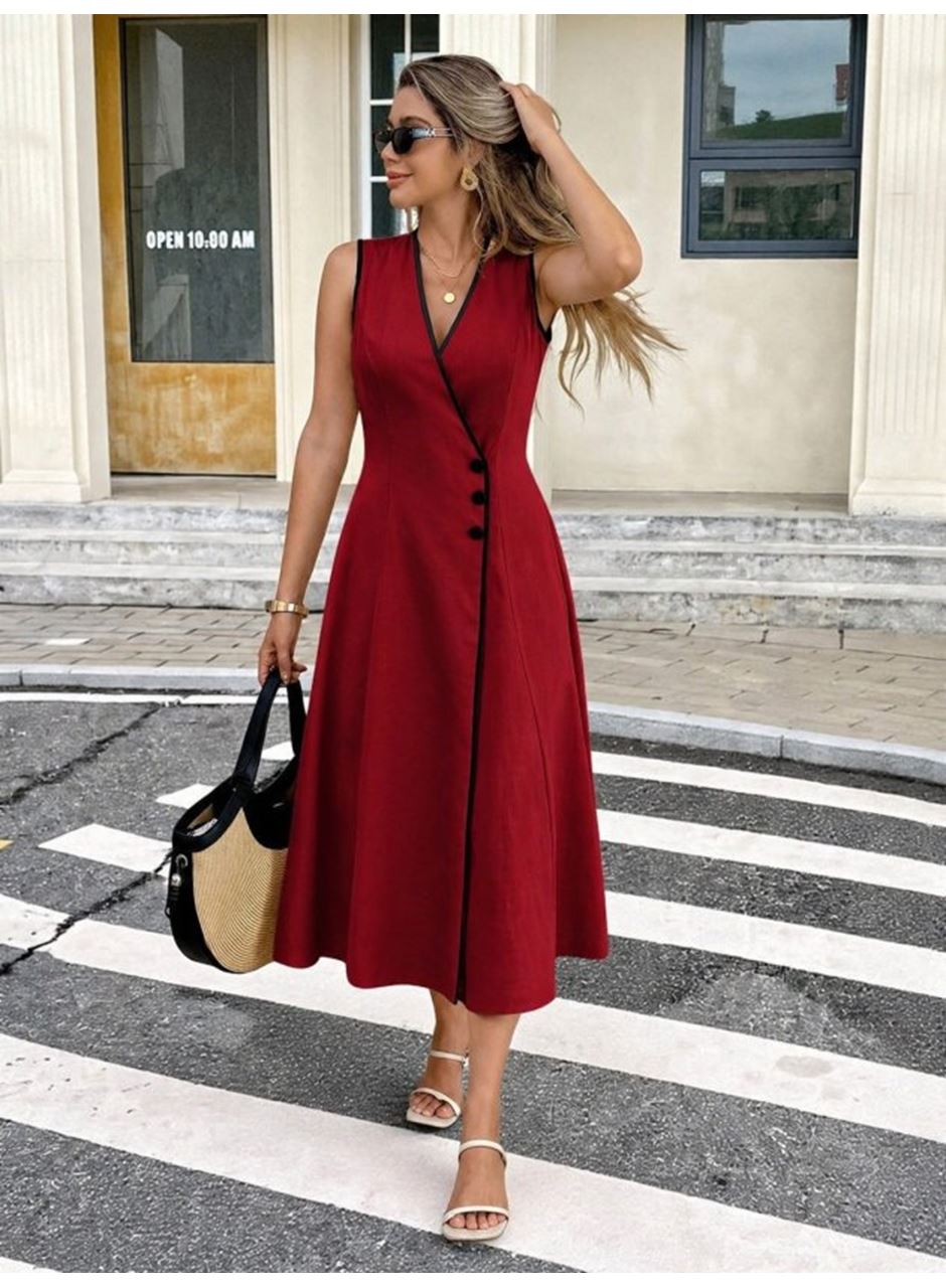 Kadın Askılı Kruvaze Yakalı Yandan Düğmeli Midi Elbise