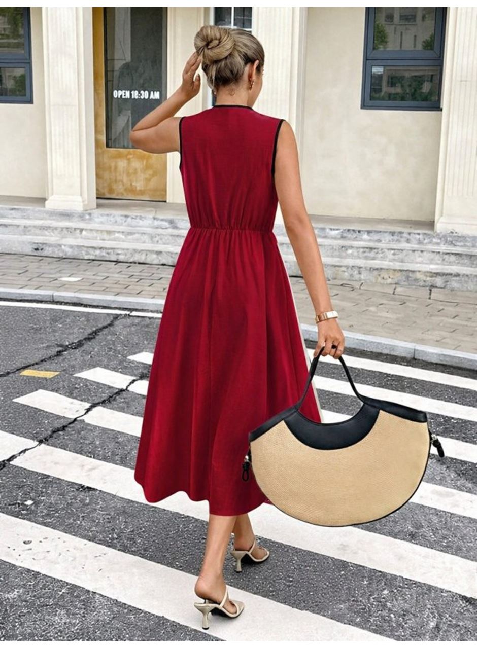 Kadın Askılı Kruvaze Yakalı Yandan Düğmeli Midi Elbise