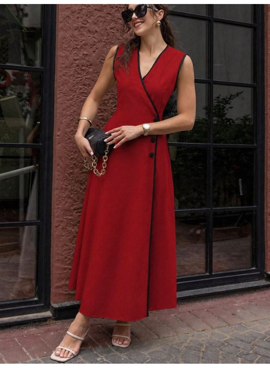 Kadın Askılı Kruvaze Yakalı Yandan Düğmeli Midi Elbise