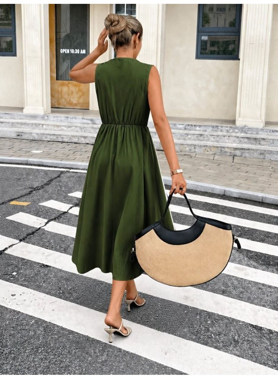 Kadın Askılı Kruvaze Yakalı Yandan Düğmeli Midi Elbise