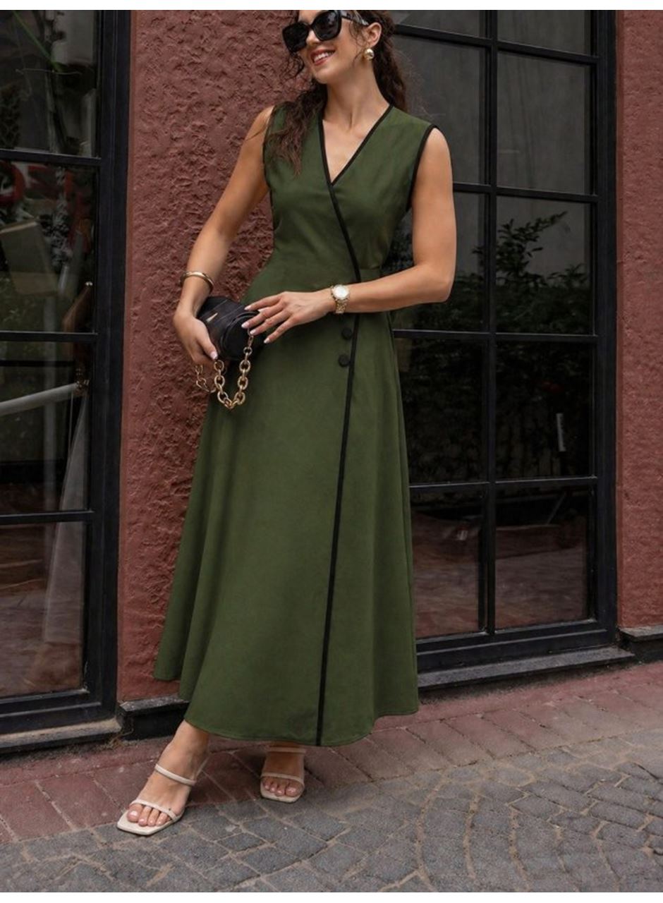 Kadın Askılı Kruvaze Yakalı Yandan Düğmeli Midi Elbise