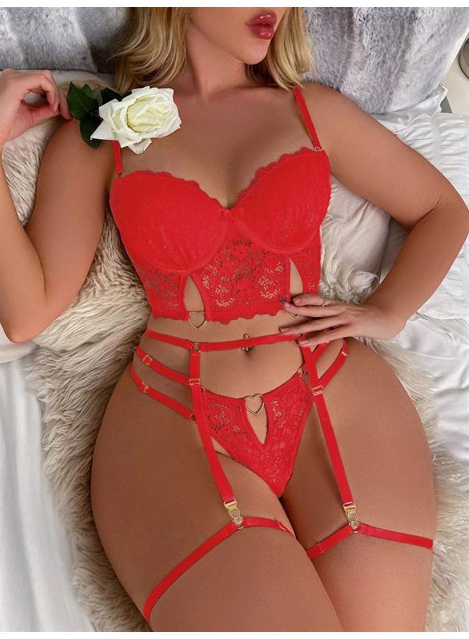 Kırmızı Dantelli Jartiyer Fantezi Seksi Büstiyer Takımı