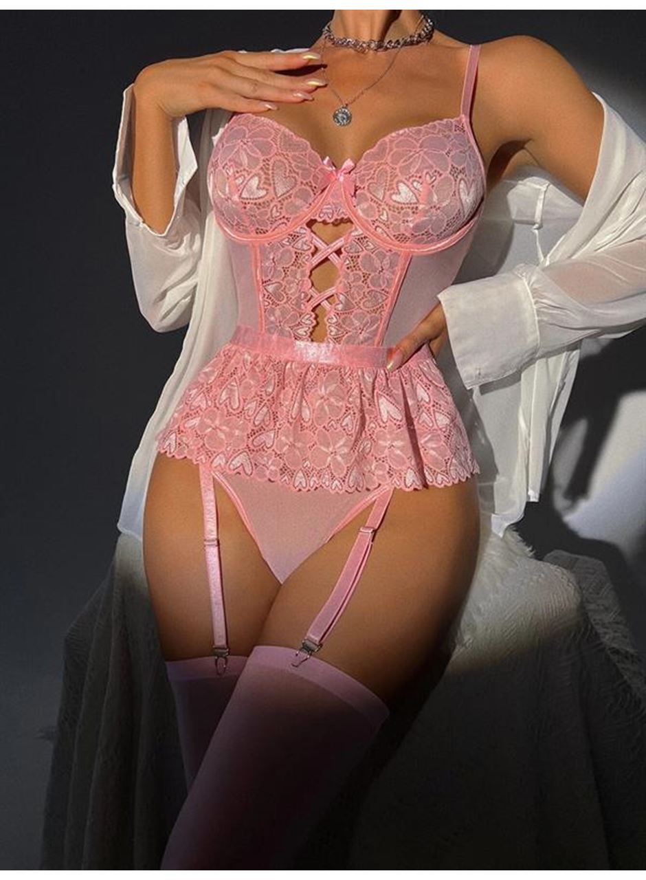 Pembe Dantel İşlemeli Kalp Desenli Fantezi Jartiyer Takımı