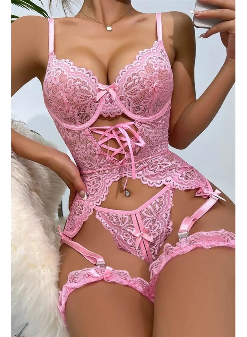 Özel Tasarım Dantelli Fantezi Pembe Jartiyer Takımı
