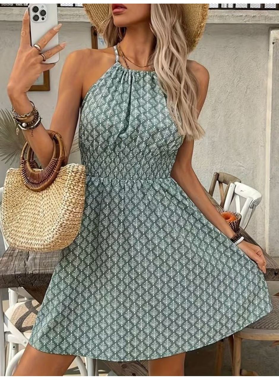 Kadın Omuzlardan Açık Boyun Arkasından Bağcıklı Beli Lastikli Kısa Süprem Elbise