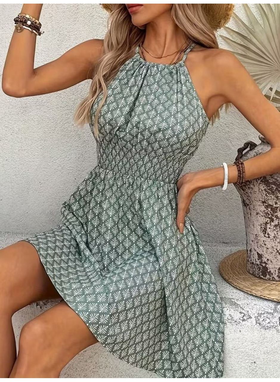 Kadın Omuzlardan Açık Boyun Arkasından Bağcıklı Beli Lastikli Kısa Süprem Elbise