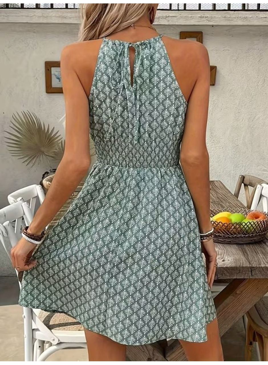 Kadın Omuzlardan Açık Boyun Arkasından Bağcıklı Beli Lastikli Kısa Süprem Elbise