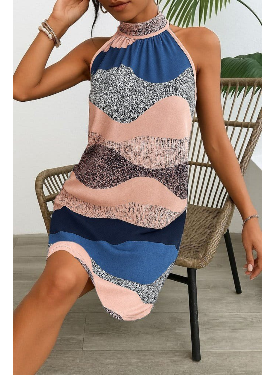 Kadın Kolsuz Boyundan Askılı Desenli Midi Süprem Elbise