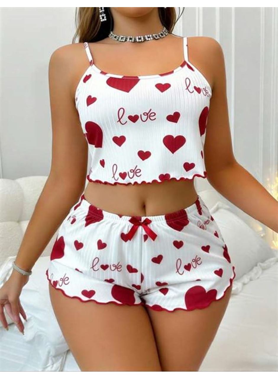 Beyaz Üstüne Kırmızı Kalp Desenli Askılı Şortlu Pijama Takımı