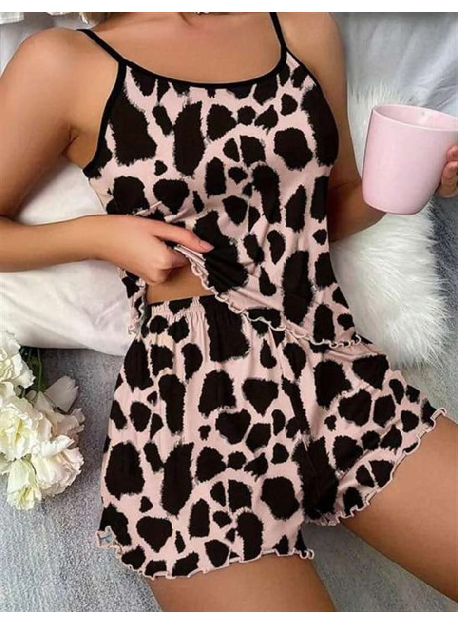 Leopar Desenli Askılı Şortlu Pijama Takımı