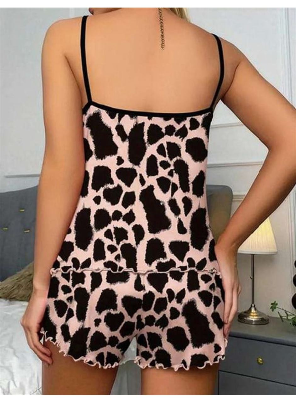 Leopar Desenli Askılı Şortlu Pijama Takımı
