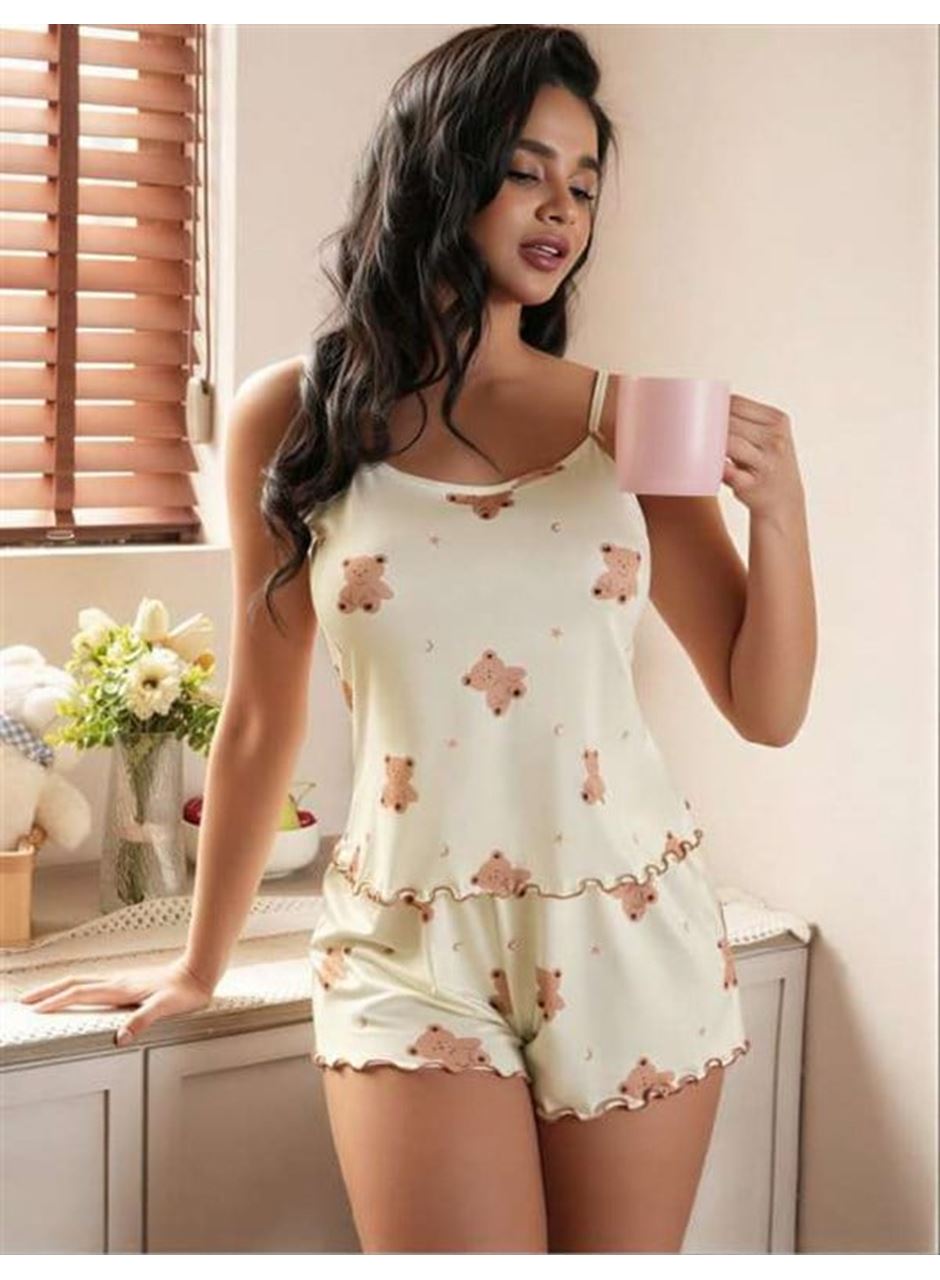 Ayıcık Desenli Askılı Şortlu Pijama Takımı