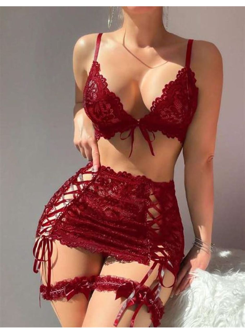Bordo Transparan Dantel İşlemeli İp Detaylı Fantezi Takım