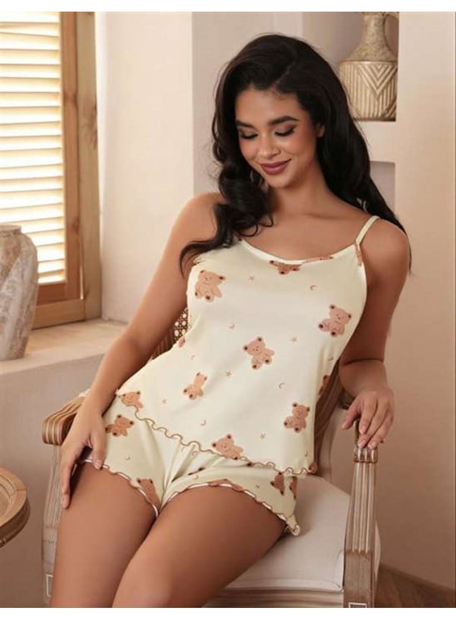 Ayıcık Desenli Askılı Şortlu Pijama Takımı