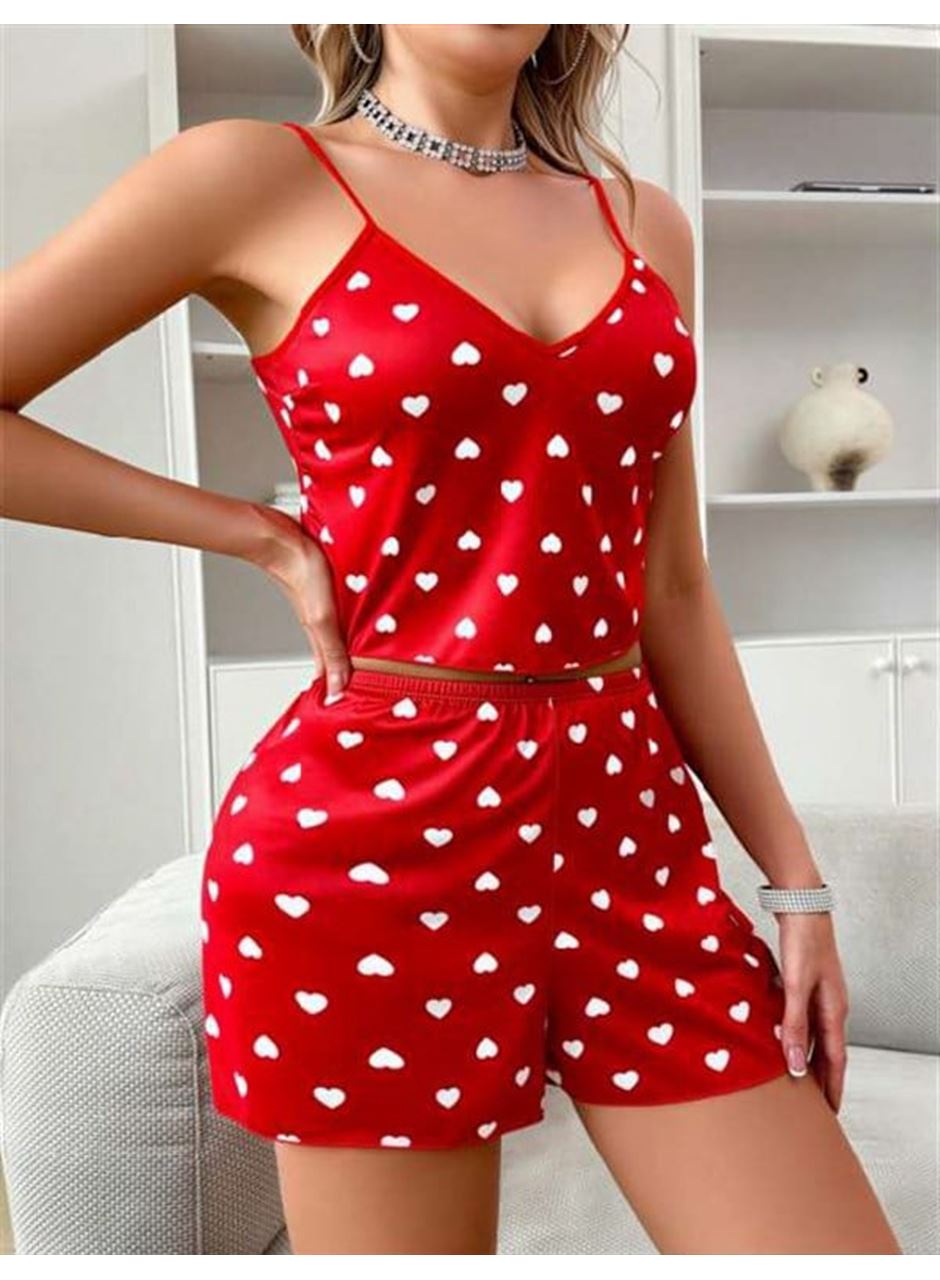 Kırmızı Üstüne Beyaz Kalp Desenli İnce Askılı Şortlu Pijama Takımı