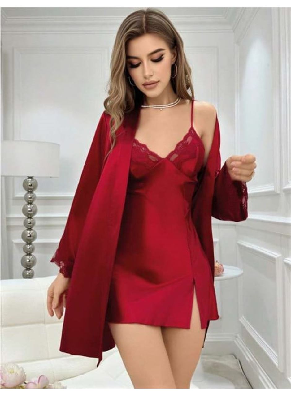 Bordo İnce Askılı Saten 2'li Gecelik Sabahlık Takımı