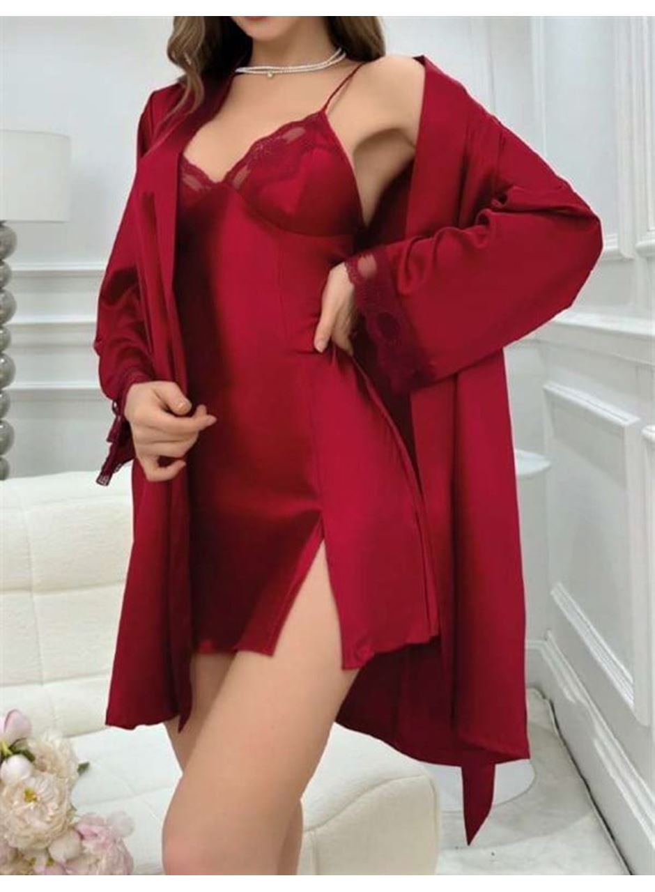 Bordo İnce Askılı Saten 2'li Gecelik Sabahlık Takımı