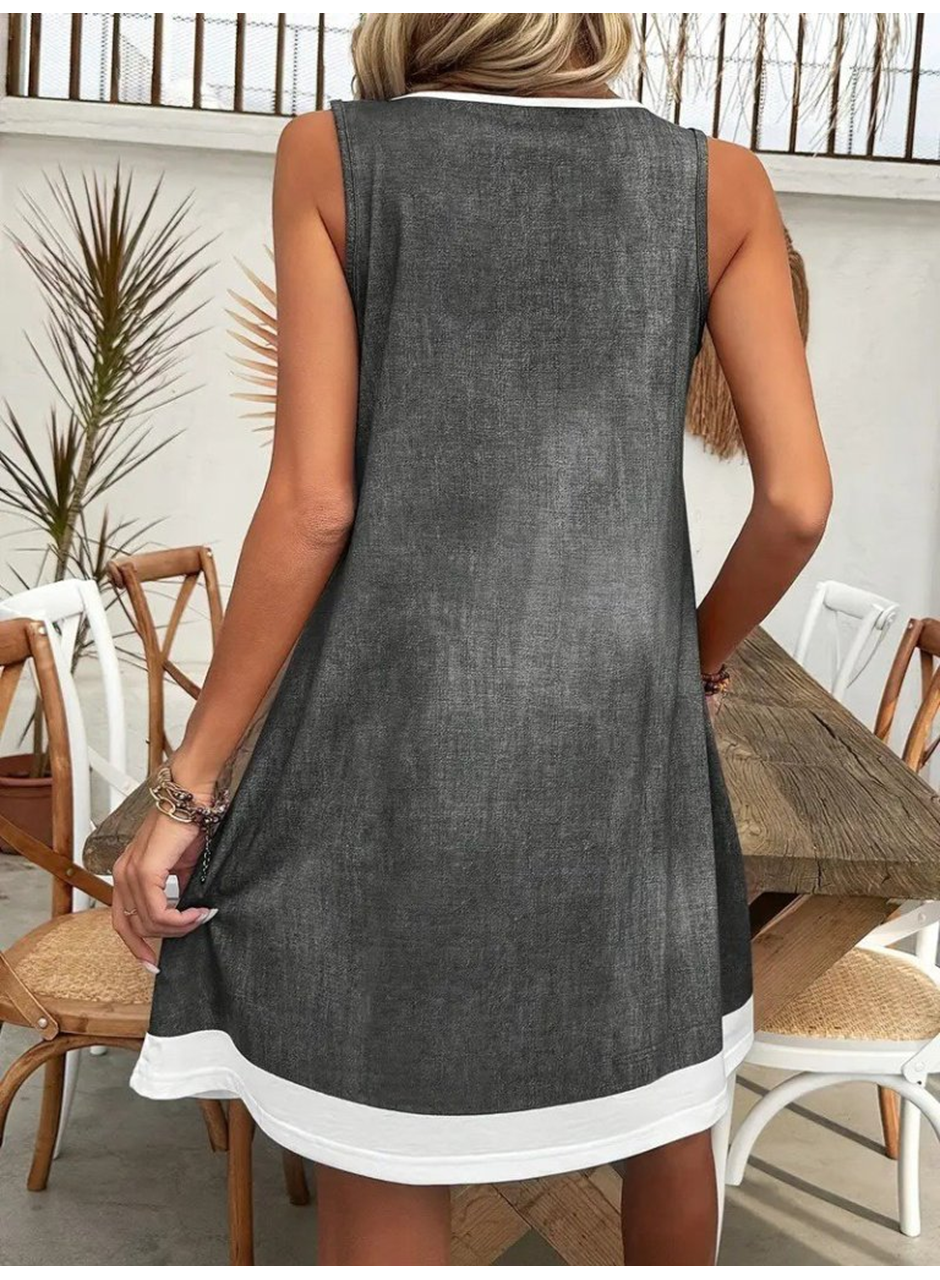 Kadın Askılı Yuvarlak Yakalı Kot Görünümlü Kısa Süprem Elbise