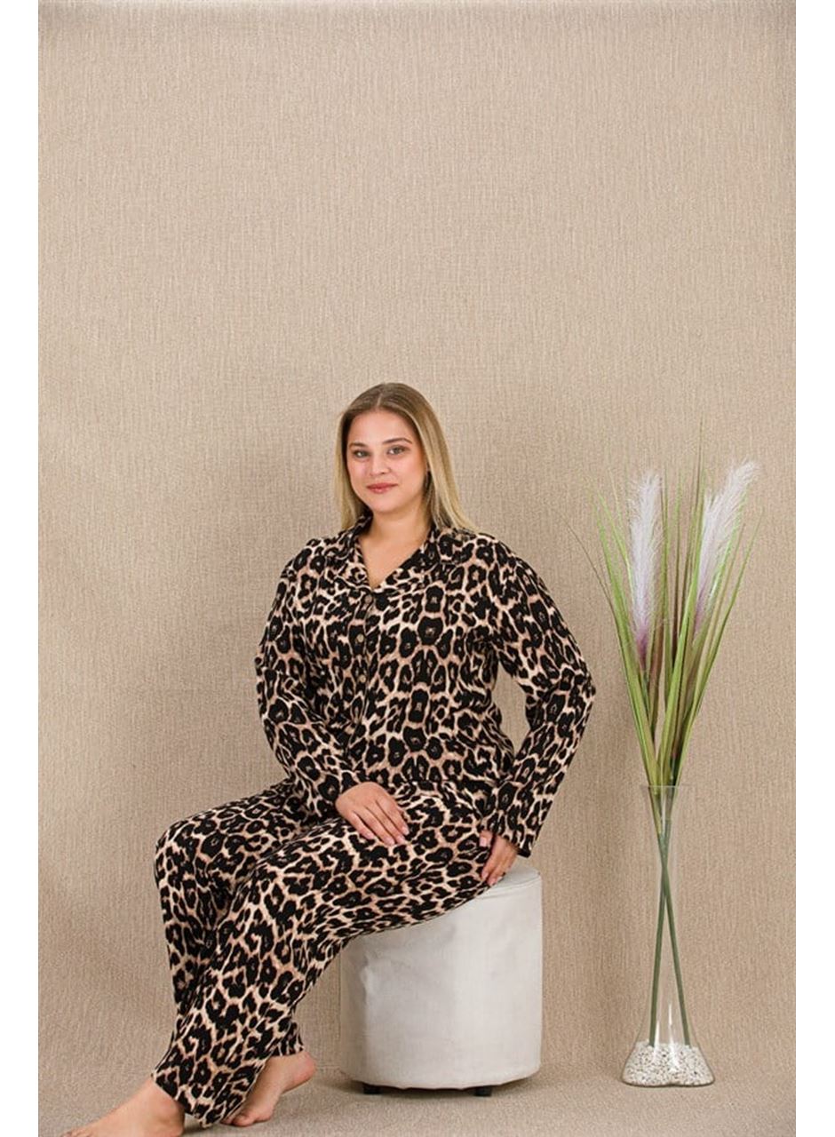 Büyük Beden Leopar Desenli Düğmeli Uzun Kol Viskon Pijama Takımı