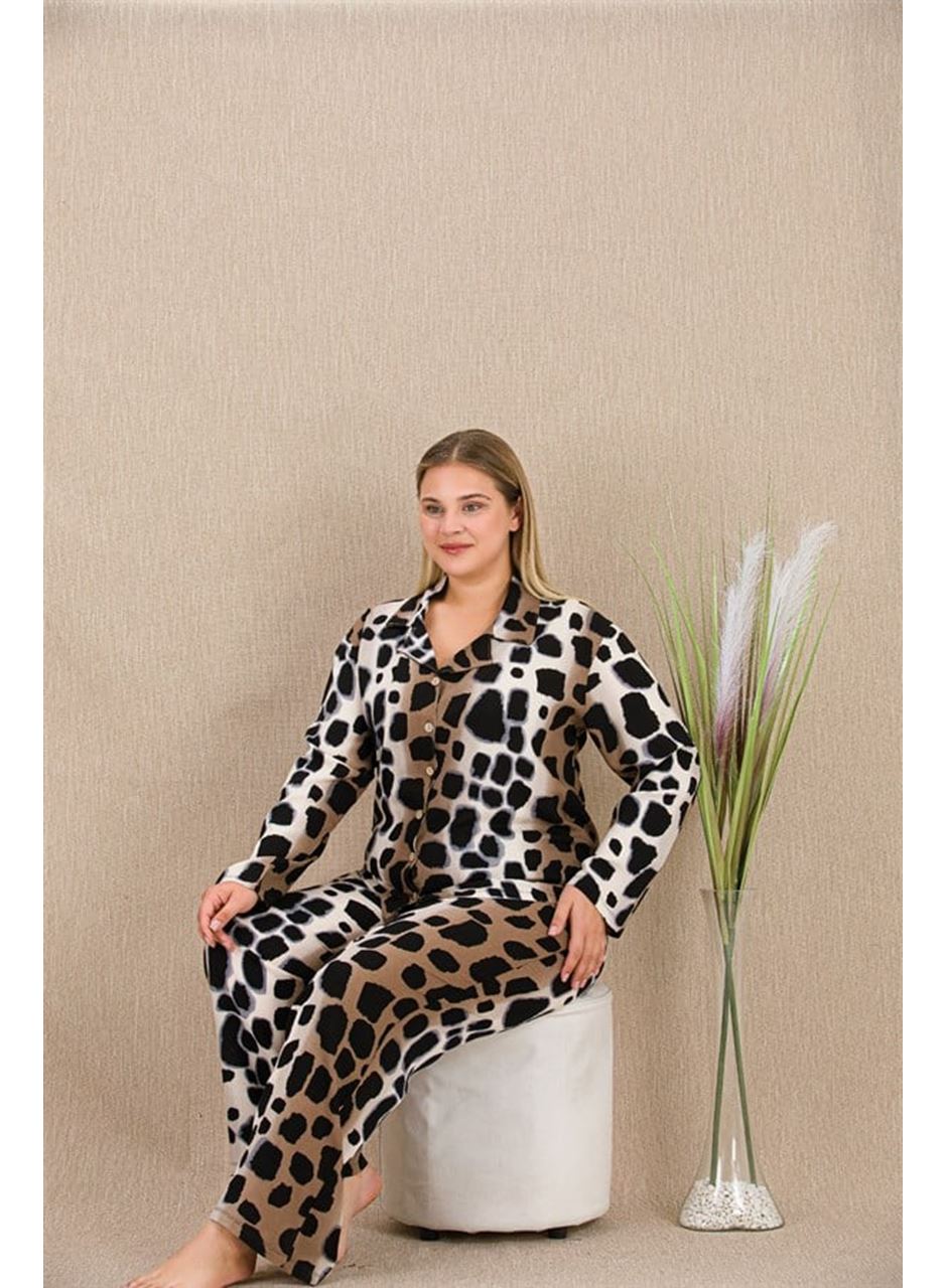 Büyük Beden Siyah Benekli Düğmeli Uzun Kol Viskon Pijama Takımı